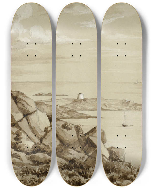 Triptych art skateboard deck of Elizabeth Murray Dalkey Island by Elizabeth Murray (1815-1882)
