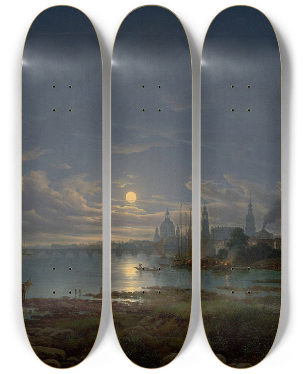Triptych art skateboard deck of Johann Anton Castell Ansicht Auf Dresden Mondschein_2 by Johann Anton Castell (1810-1867)