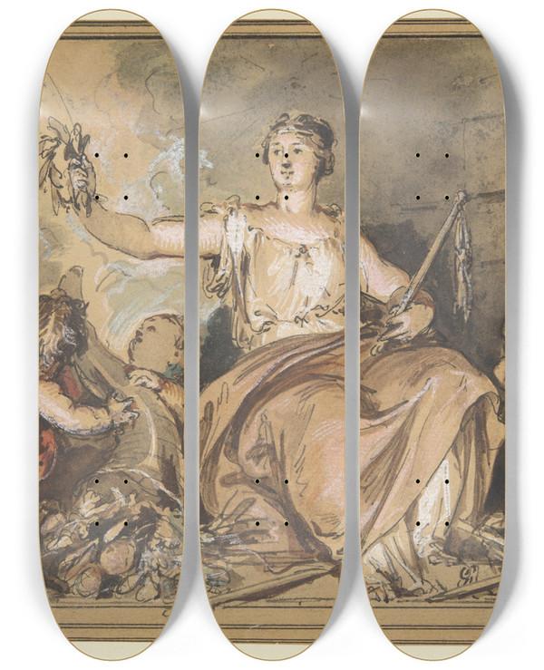 Triptych art skateboard deck of Jacob De Wit Allegory Of War Andpeace by Jacob de Wit (1695-1754)