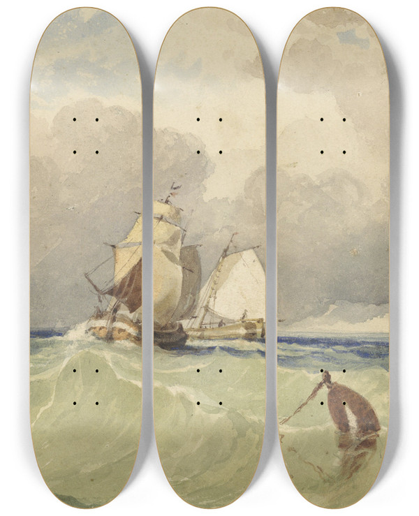Triptych art skateboard deck of Thomas Sewell Robins Driemasters En Tjalk Zeilend In Volle Zee by Thomas Sewell Robins (1809-1880)
