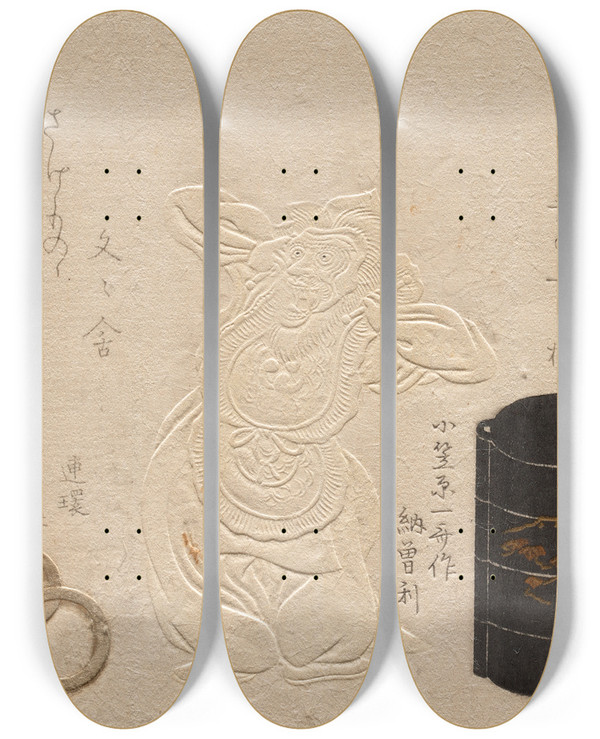 Triptych art skateboard deck of Kubo Shunman Three Antiques From The Series Esteemed Objects Leather Inro Netsuke Meibutsu Kawa Do Inro Donetsuke by Kubo Shunman (1757-1820)