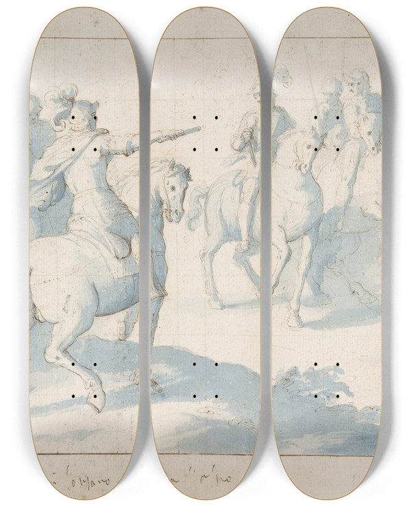 Triptych art skateboard deck of Belisario Corenzio Mounted Warrior With A Baton Giving Orders To His Troops by Belisario Corenzio (1558-1643)