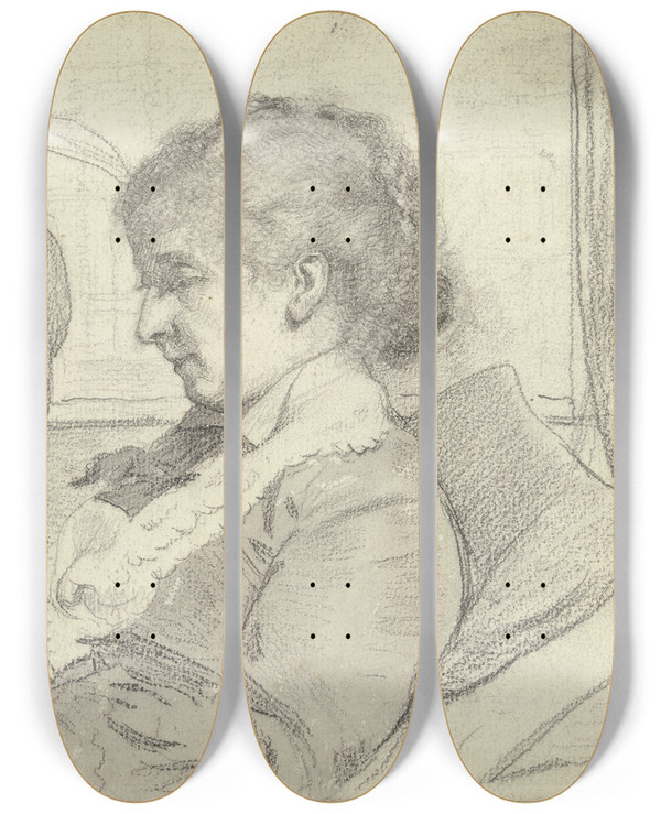 Triptych art skateboard deck of Otto Scholderer Luise Scholderer Lesend Mit Katze_1 by Otto Scholderer (1834-1902)