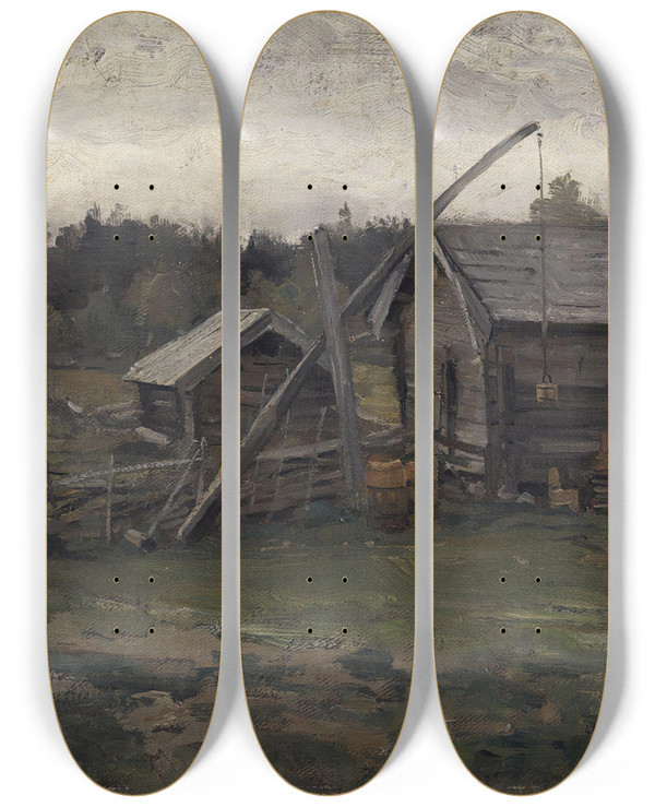 Triptych art skateboard deck of Gerhard Munthe Old Barn Hedmark by Gerhard Munthe (1849-1929)