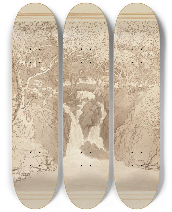 Triptych art skateboard deck of Joseph Farington Lower Waterfall Rydal_2 by Joseph Farington (1747-1821)