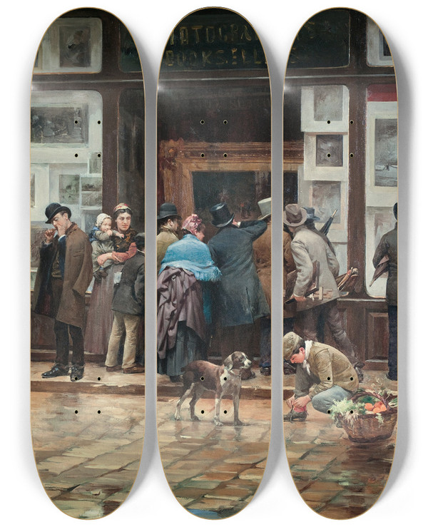 Triptych art skateboard deck of Joan Ferrer Mir Public Exhibition Of A Picture by Joan Ferrer Miro (1850-1931)