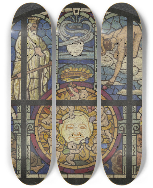 Triptych art skateboard deck of Wilhelm Ss The Sun by Wilhelm Sus (1861-1933)