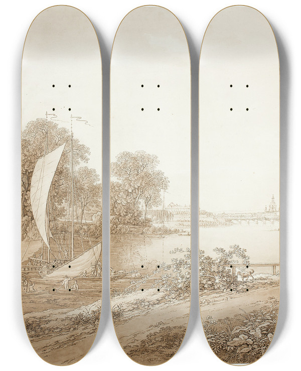 Triptych art skateboard deck of Adrian Zingg View Of Dresden From Pieschen by Adrian Zingg (1734-1816)