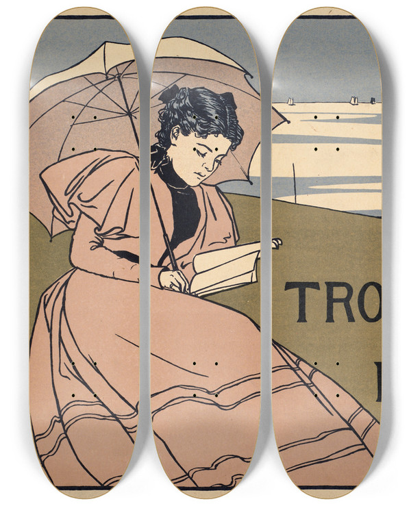 Triptych art skateboard deck of Charles Herbert Woodbury Trolley Trips On A Bay State Triangle by Charles Herbert Woodbury (1864-1940)