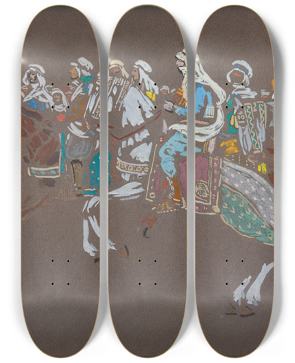 Triptych art skateboard deck of Wassily Kandinsky Arab Cavalry by Wassily Kandinsky (1866-1944)
