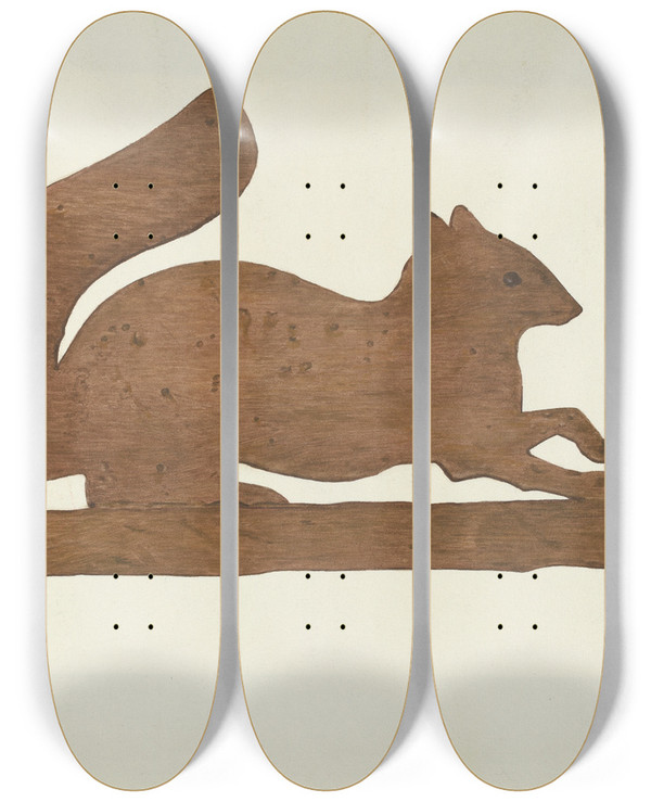 Triptych art skateboard deck of Mildred E Bent Squirrel Weather Vane by Mildred E Bent