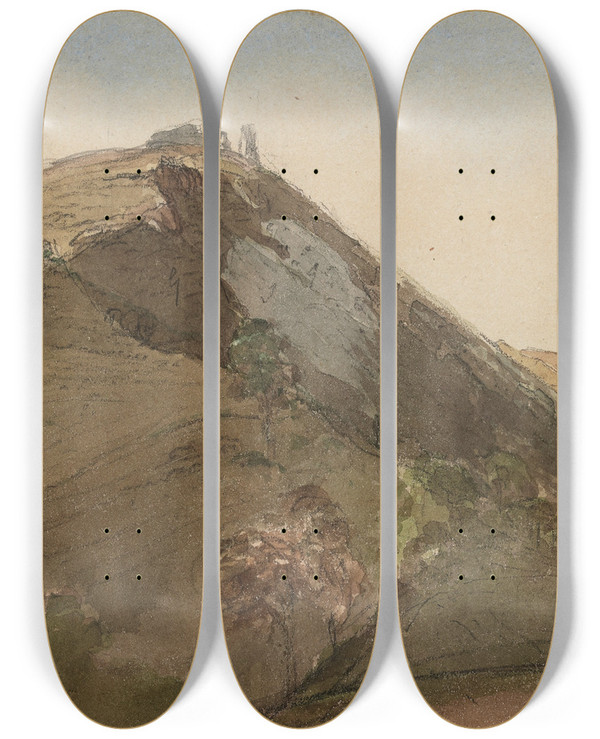 Triptych art skateboard deck of Edward Lear Country Hillside by Edward Lear (1812-1888)