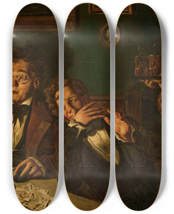 Triptych art skateboard deck of Feliks Pczarski Card Players by Feliks Peczarski (1804-1862)
