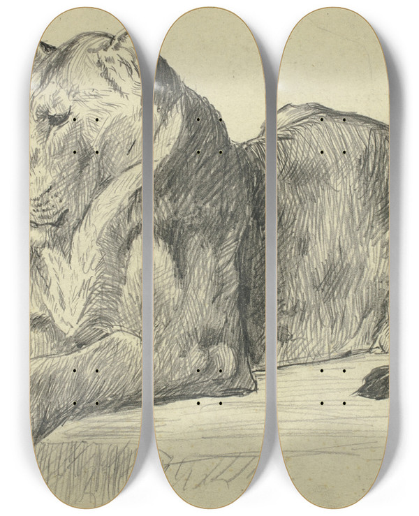 Triptych art skateboard deck of Sir Edwin Henry Landseer Lioness by Sir Edwin Henry Landseer (1802-1873)
