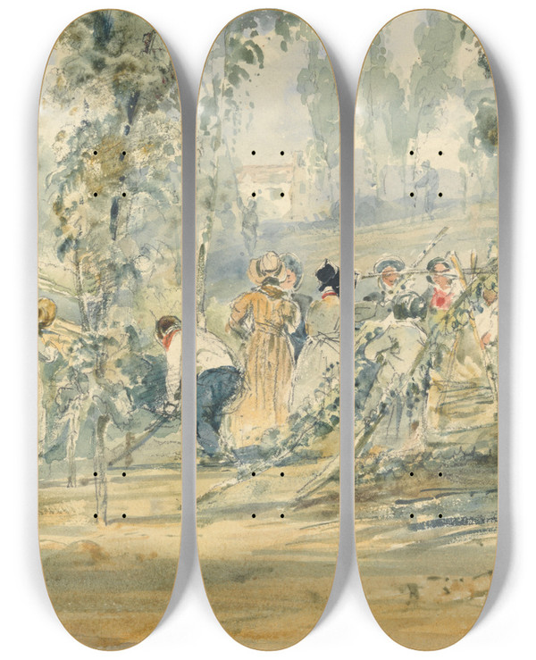 Triptych art skateboard deck of Thales Fielding Hop Picking by Thales Fielding (1793-1837)