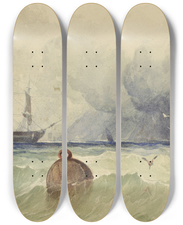 Triptych art skateboard deck of Thomas Sewell Robins Driemasters Voor Anker Bij Opkomend Zwaar Weer by Thomas Sewell Robins (1809-1880)