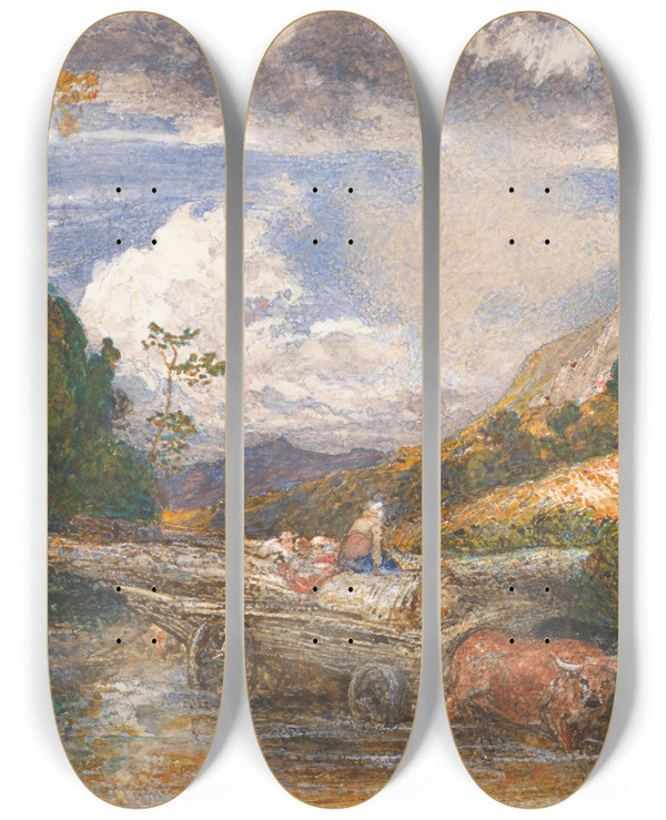 Triptych art skateboard deck of Samuel Palmer Timber Wagon Crossing A Stream by Samuel Palmer (1805-1881)