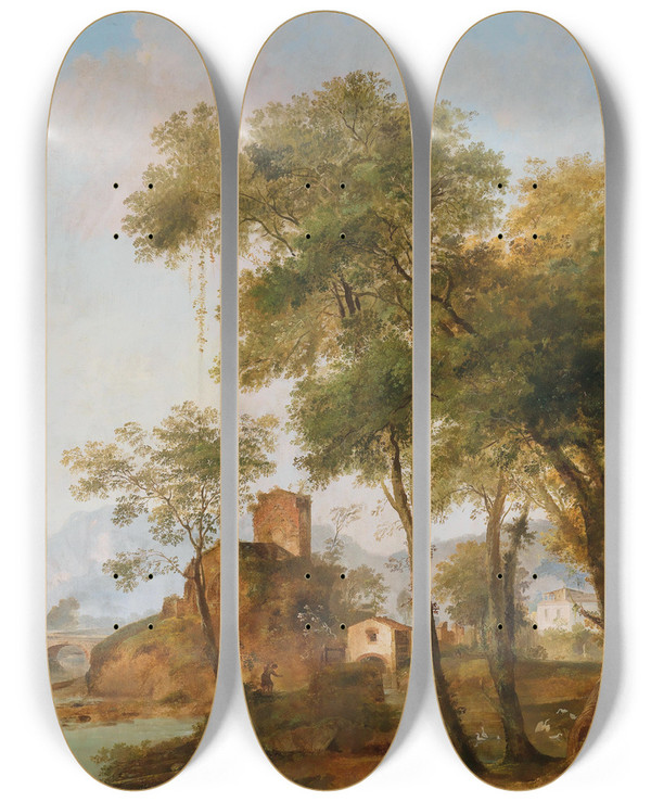 Triptych art skateboard deck of Giuseppe Bernardino Bison A Bucolic River Landscape by Giuseppe Bernardino Bison (1762-1844)