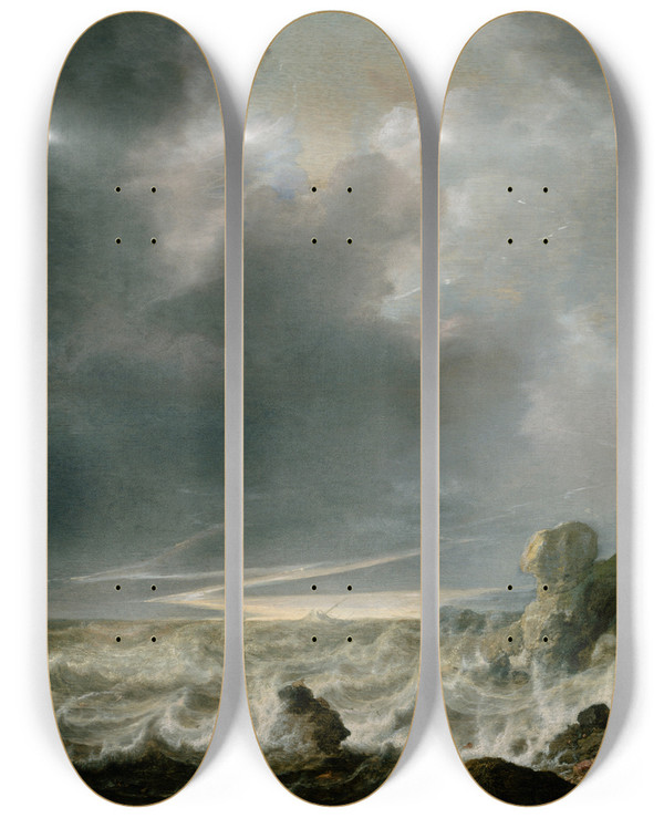 Triptych art skateboard deck of Simon De Vlieger Ship In Distress Off A Rocky Coast by Simon de Vlieger (1601-1653)