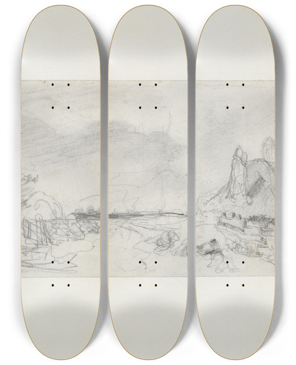 Triptych art skateboard deck of Paul Huet Landscape by Paul Huet (1803-1869)