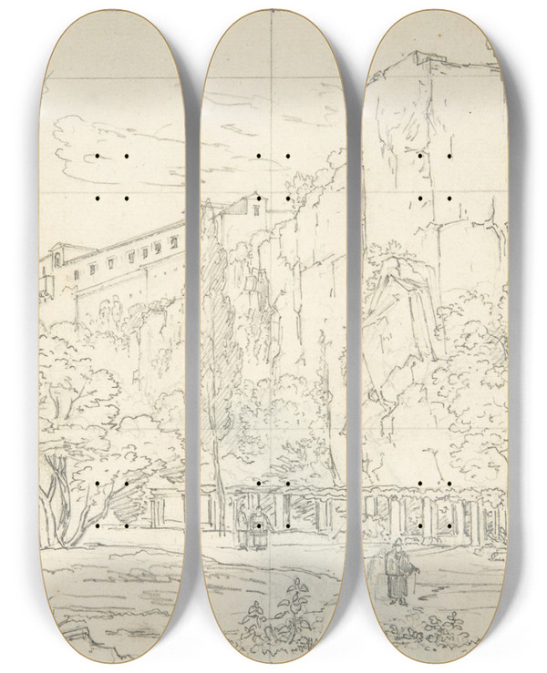 Triptych art skateboard deck of Friedrich Salath Italian View A Pathway And Arbor At The Base Of Cliffs by Friedrich Salathe (1793-1860)