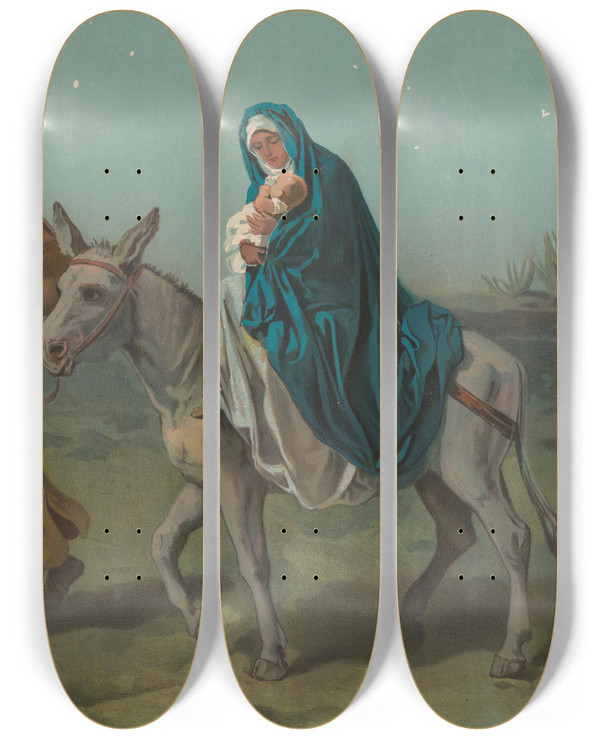 Triptych art skateboard deck of Harris Jones Co Flight Into Egypt by Harris Jones Co (1868)