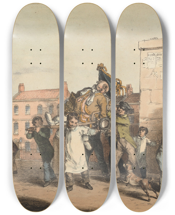 Triptych art skateboard deck of John Augustus Atkinson Guy Fawkes by John Augustus Atkinson (1775-1830)