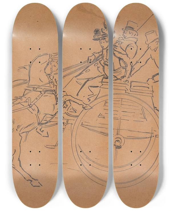 Triptych art skateboard deck of Philip William May The Dog Cart by Philip William May