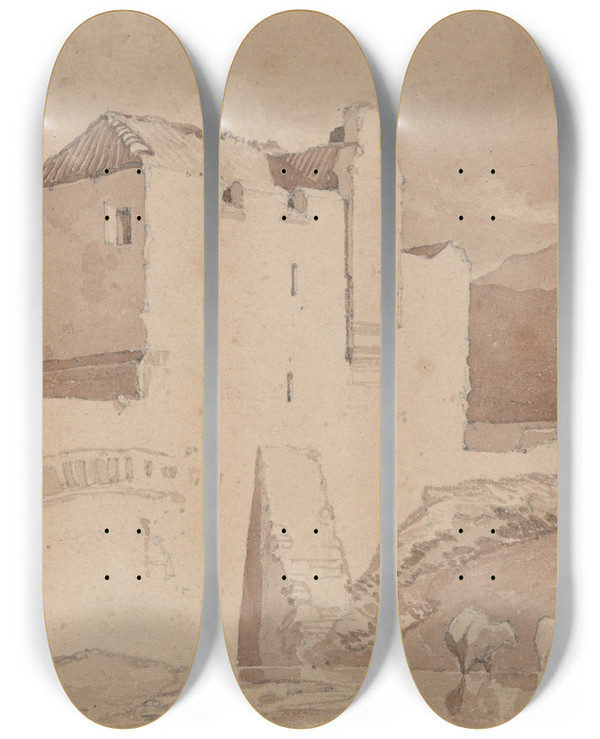 Triptych art skateboard deck of John Sell Cotman An Old Building by John Sell Cotman (1782-1842)
