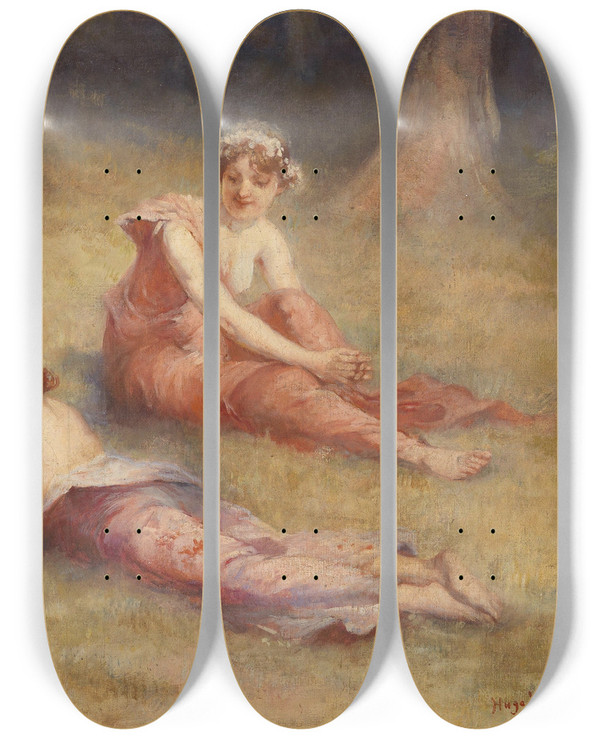Triptych art skateboard deck of Hugo Lffler The Three Graces In A Meadow by Hugo Loffler (1859-1935)