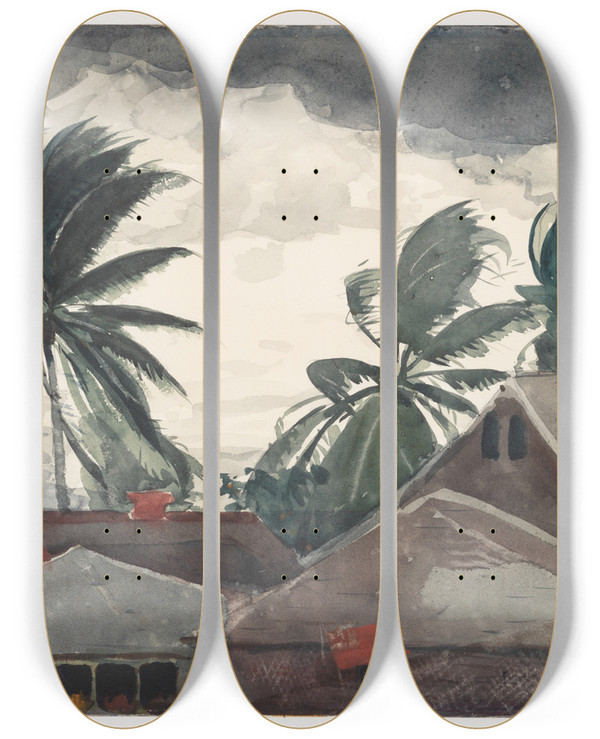 Triptych art skateboard deck of Winslow Homer Hurricane Bahamas by Winslow Homer (1836-1910)