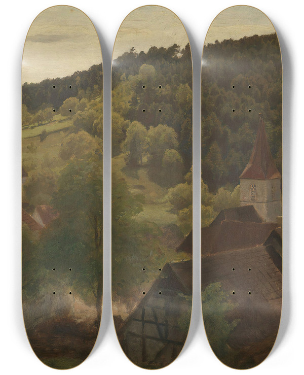 Triptych art skateboard deck of Hans Gude Landscape From Ebersteinburg In Baden by Hans Gude (1825-1903)