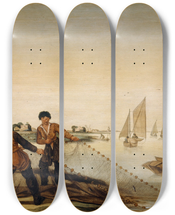 Triptych art skateboard deck of Arent Arentsz Cabel Two Fishermen Pulling Their Net Ashore by Arent Arentsz Cabel (1585-1631)