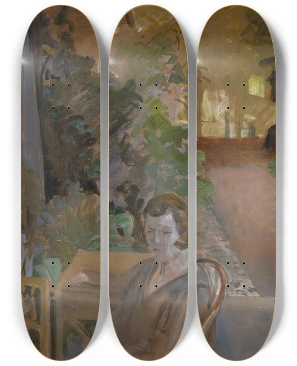 Triptych art skateboard deck of Jacek Malczewski On The Veranda by Jacek Malczewski (1854-1929)