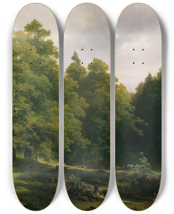 Triptych art skateboard deck of Joseph Holzer Der Stille Waldwinkel by Joseph Holzer (1824-1876)