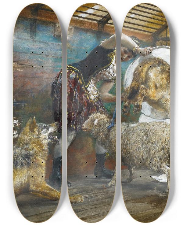 Triptych art skateboard deck of Paul Friedrich Meyerheim Die Dompteuse by Paul Friedrich Meyerheim (1842-1915)
