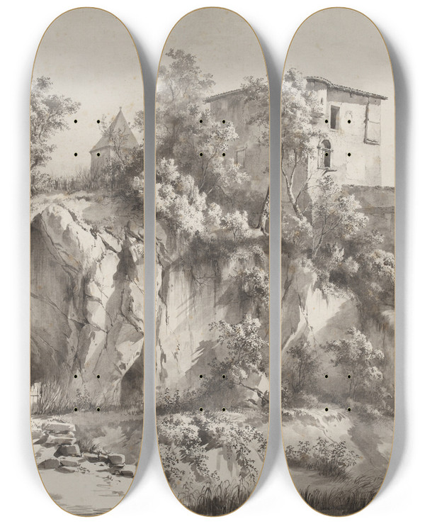 Triptych art skateboard deck of Jeanjacques De Boissieu Chteau Galliard by Jean-Jacques de Boissieu (1736-1810)