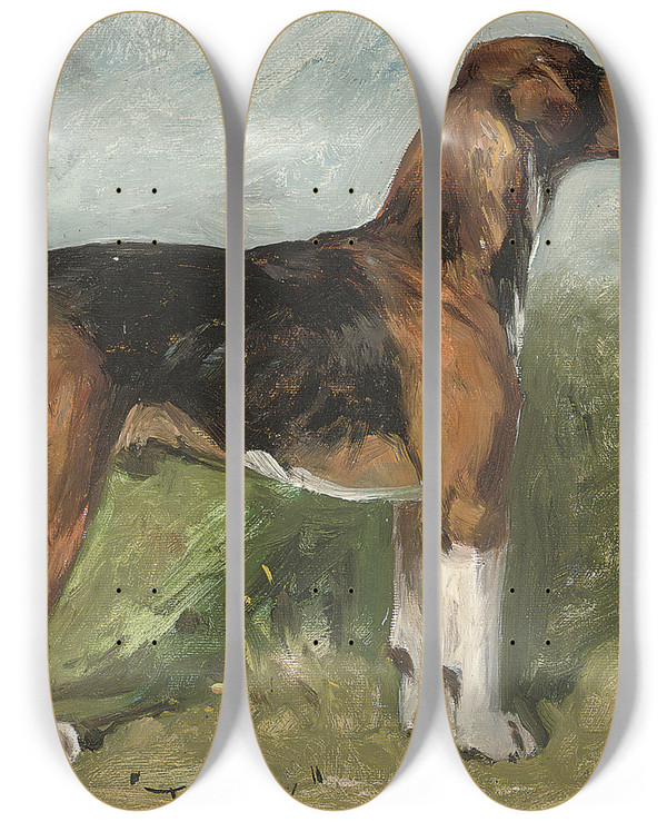 Triptych art skateboard deck of John Emms Tomboy A Beagle In A Landscape by John Emms (1843-1912)