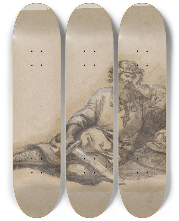 Triptych art skateboard deck of Adolph Tidemand Hvilende Mann I Rustning by Adolph Tidemand (1814-1876)