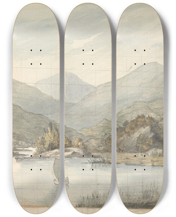Triptych art skateboard deck of Isaac Weld View On The River Between The Lakes by Isaac Weld (1774-1856)