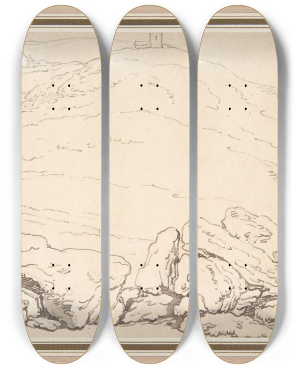 Triptych art skateboard deck of Thomas Rowlandson Hilly Landscape With Rocks by Thomas Rowlandson (1756-1827)