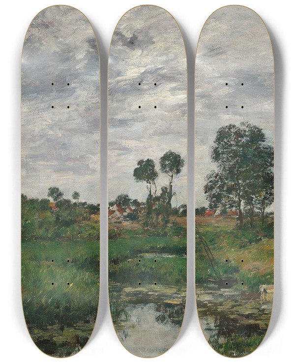 Triptych art skateboard deck of Eugne Boudin La Maison Du Fermier Environs De Dunkerque_1 by Eugene Boudin (1824-1898)