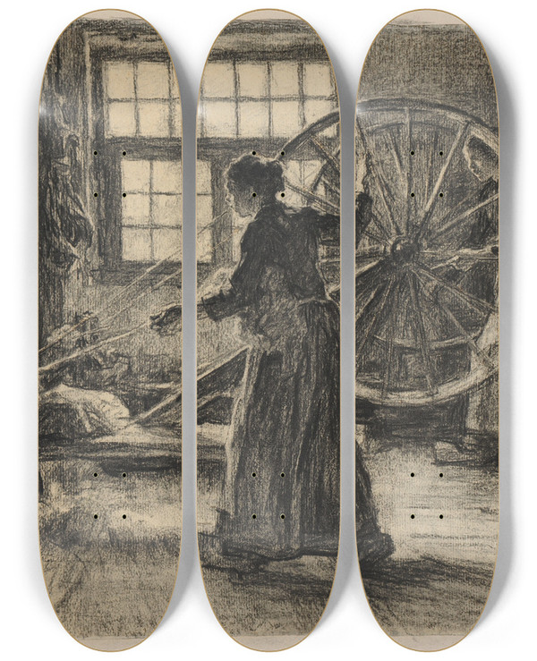 Triptych art skateboard deck of Lon Augustin Lhermitte La Fileuse by Lon Augustin Lhermitte (1844-1925)