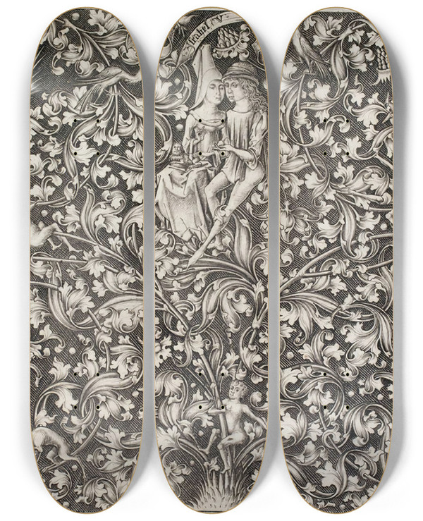 Triptych art skateboard deck of Israhel Van Meckenem Ornament With Lovers by Israhel Van Meckenem (1440-1503)