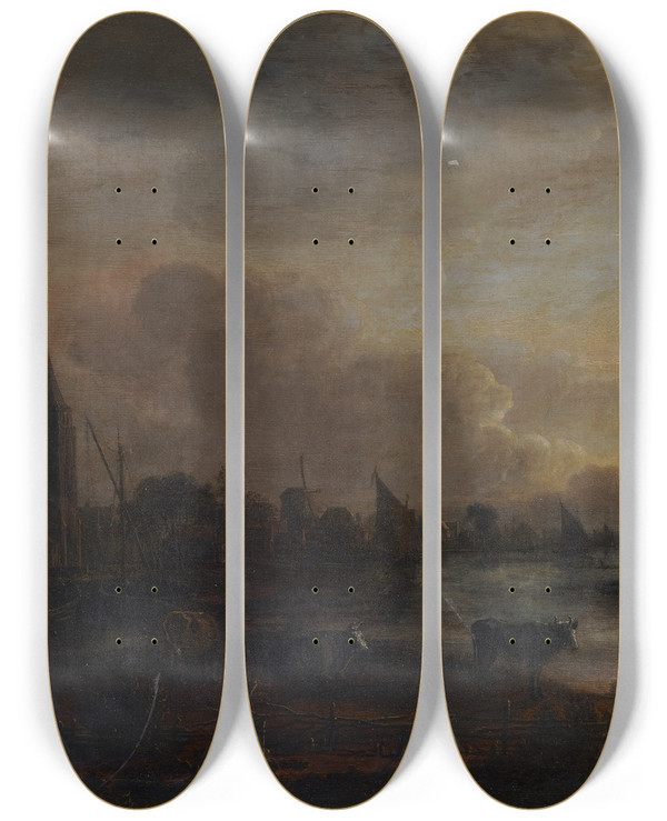 Triptych art skateboard deck of Aert Van Der Neer Moonlightlandscape by Aert van der Neer (1603-1677)