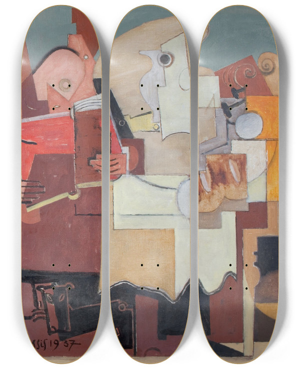 Triptych art skateboard deck of Louis Marcoussis Le Lecteur by Louis Marcoussis (1883-1941)