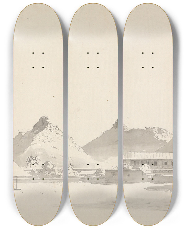 Triptych art skateboard deck of Samuel Davis Military Encampment With Forts On Hills Behind by Samuel Davis (1757-1819)