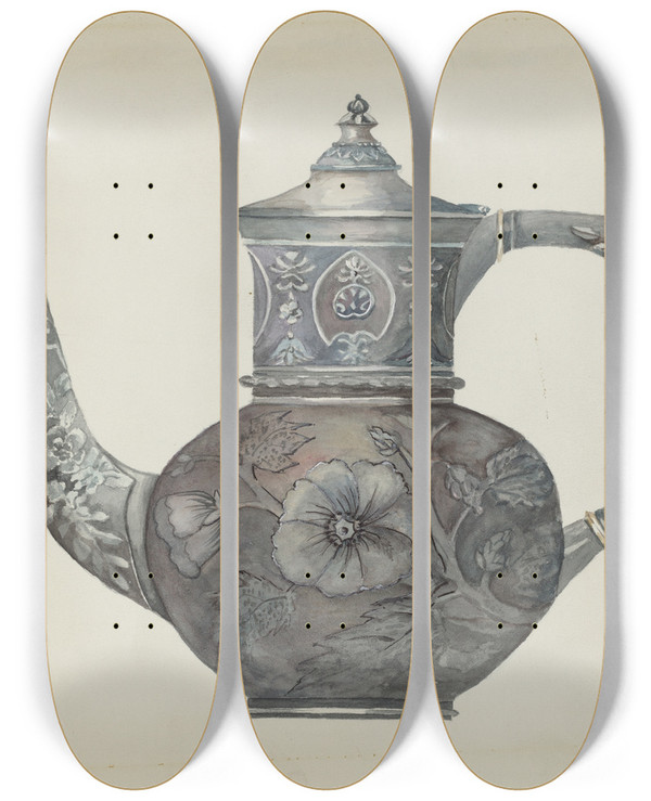 Triptych art skateboard deck of Beulah Bradleigh Pewter Teapot_3 by Beulah Bradleigh