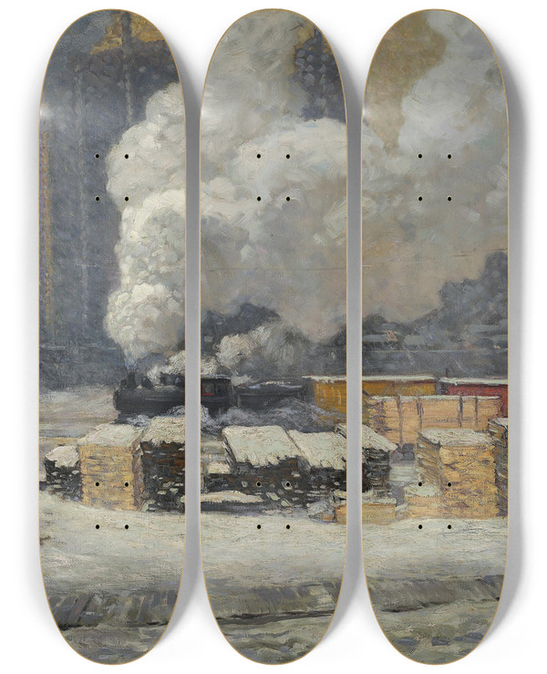 Triptych art skateboard deck of James Edward Hervey Macdonald Tracks And Traffic by James Edward Hervey Macdonald (1873-1932)