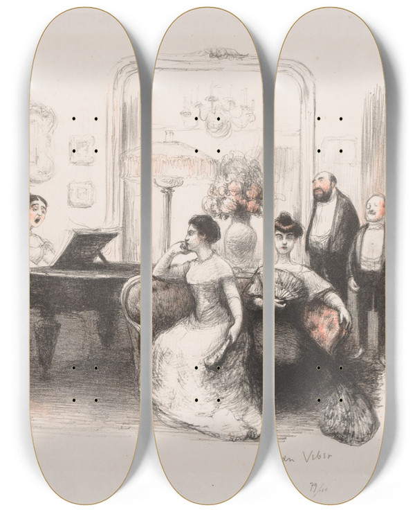 Triptych art skateboard deck of Jean Veber La Soire Bourgeoise by Jean Veber (1864-1928)